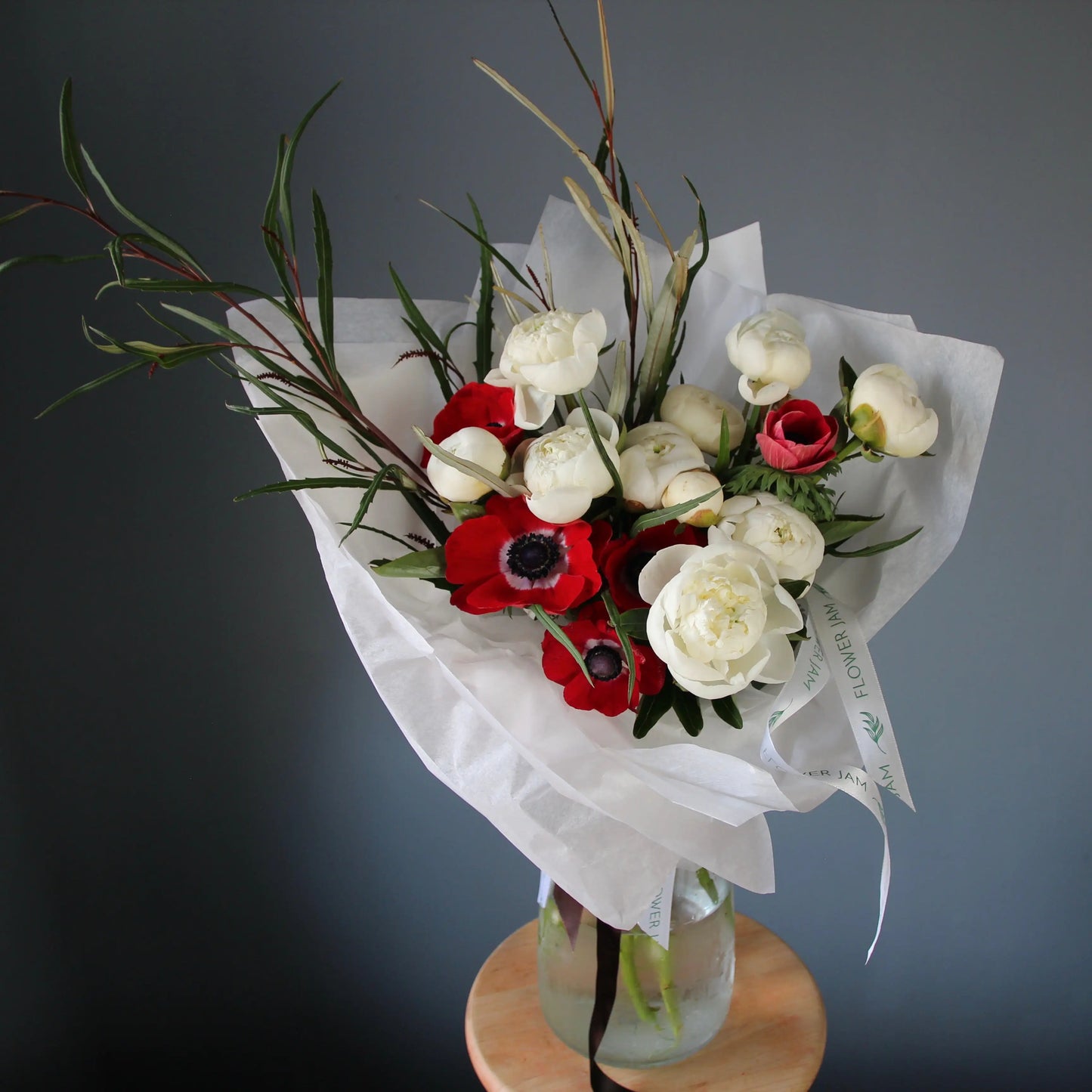 bouquet of White Peonies and Red Anemones