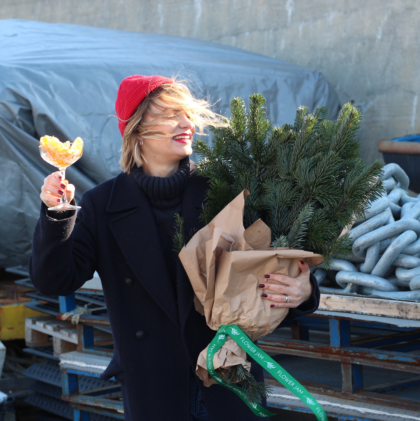 red hat girl with christmas tree