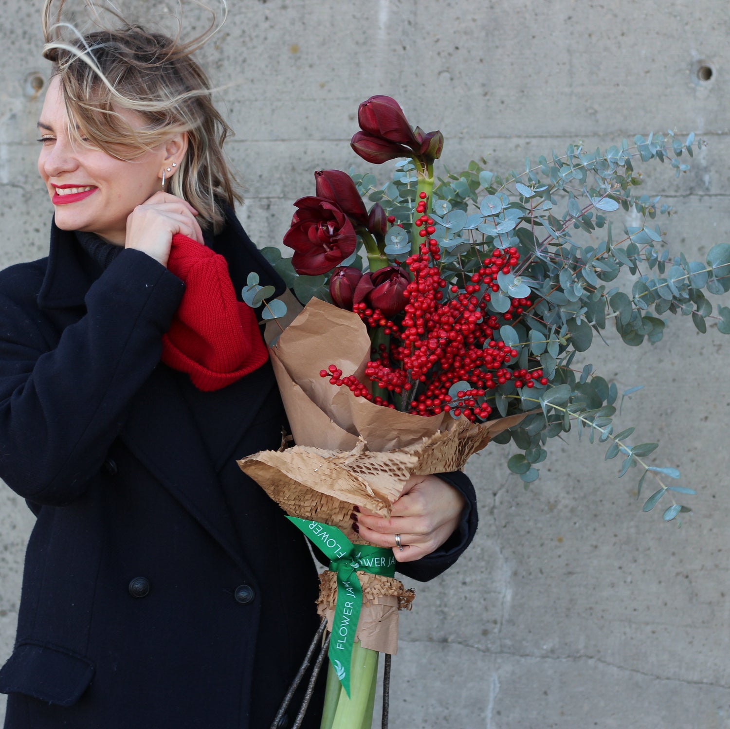 Red berries and eucaliptus bouquet