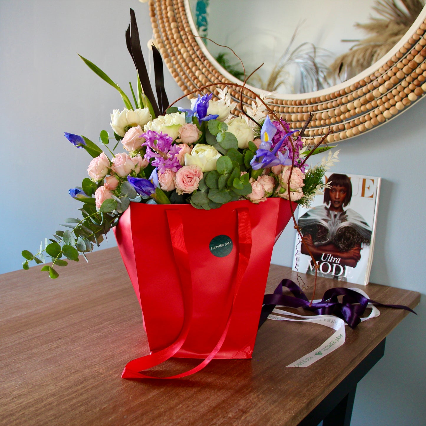 Flowers bouquet in the red box