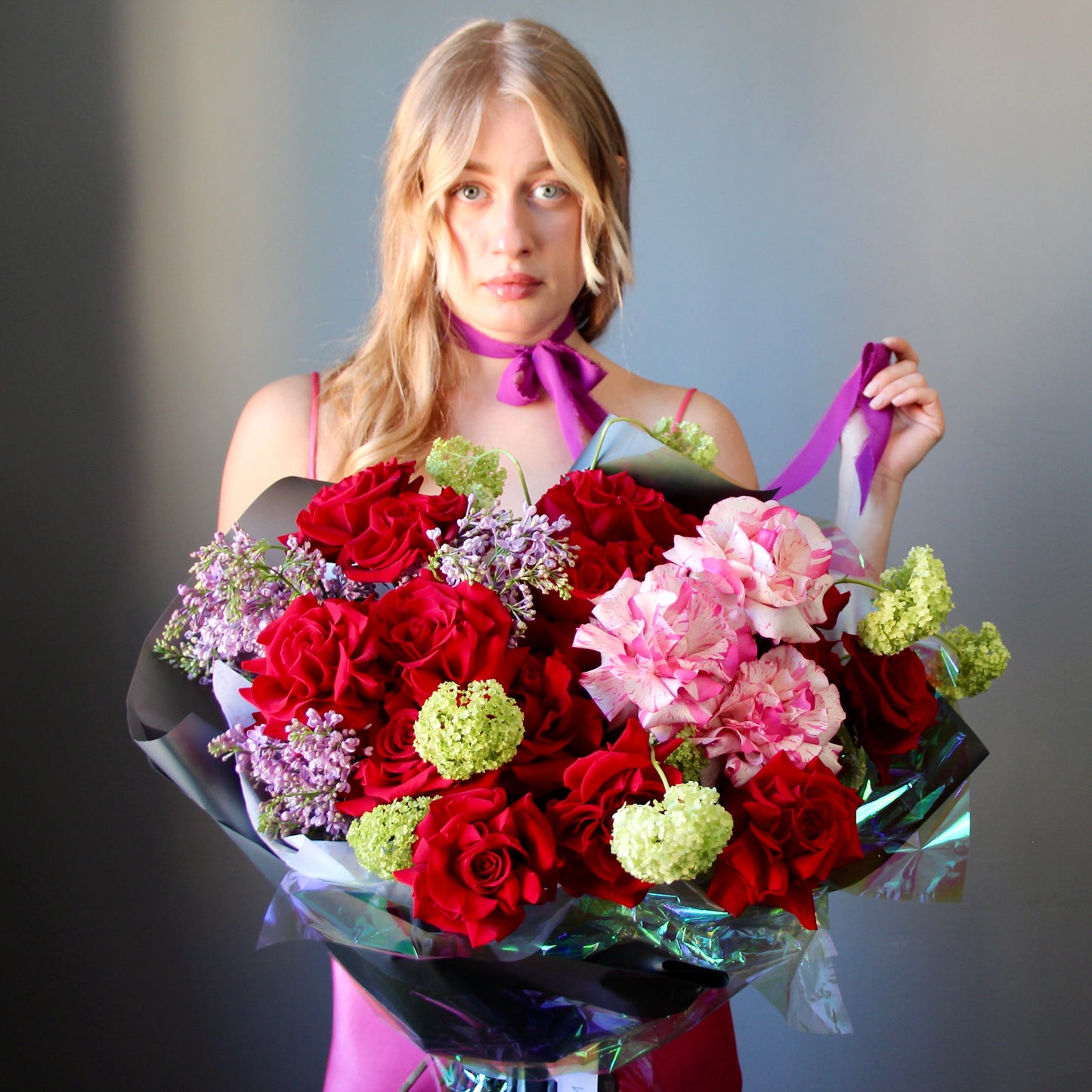 blonde girl with flowers