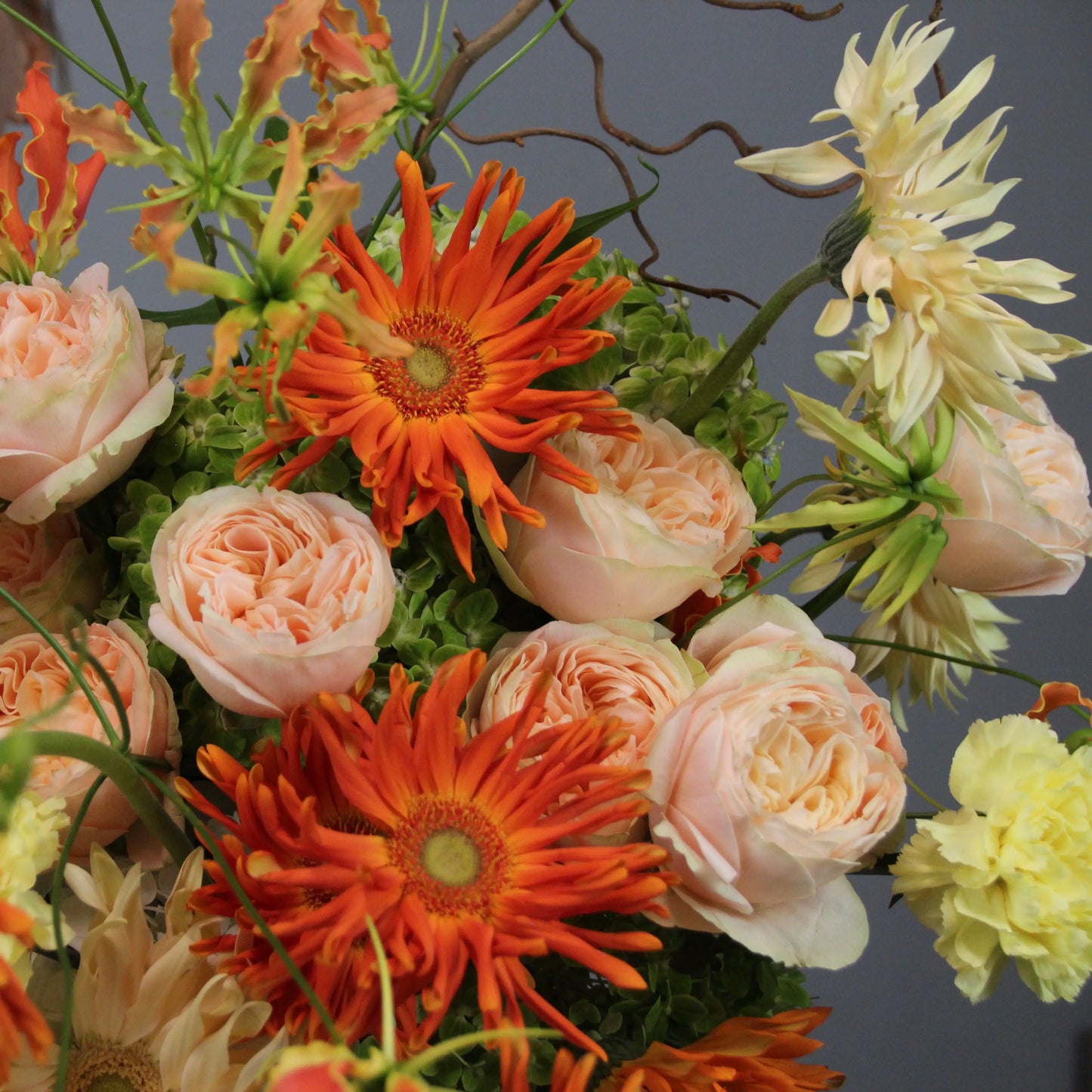 Bouquet of Garden Roses , exotic Gloriosa and Hydrangea.