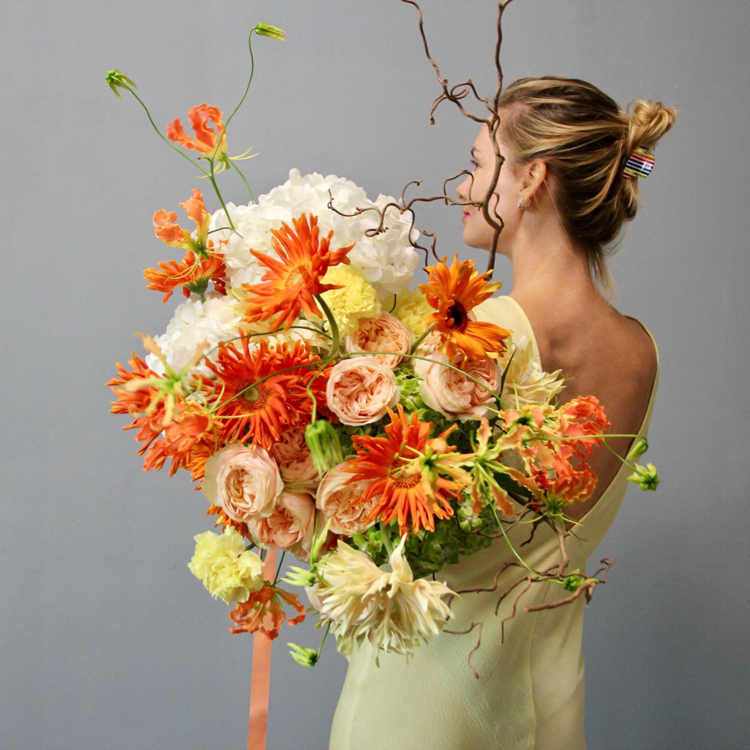 Bouquet of Garden Roses , exotic Gloriosa and Hydrangea.