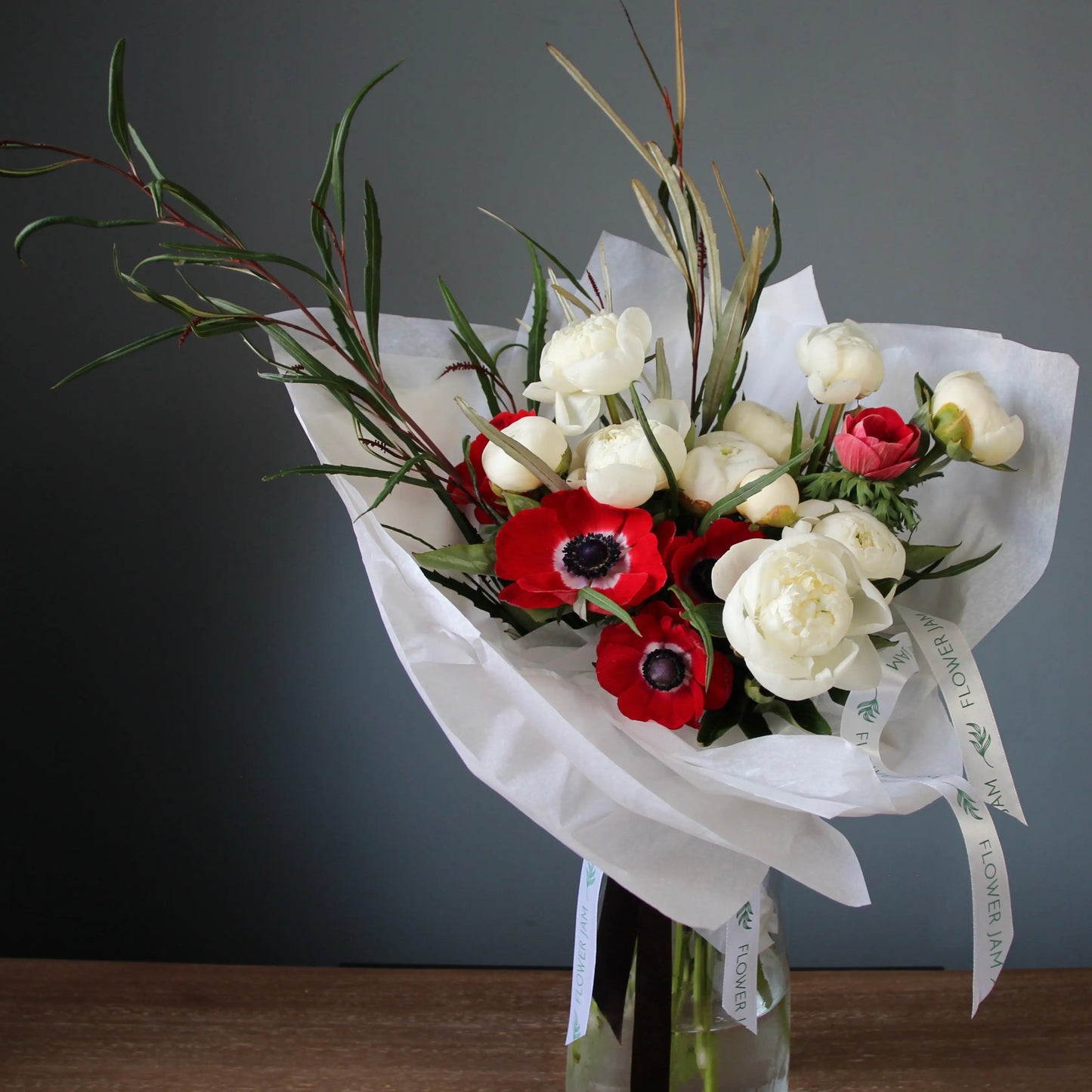 bouquet of White Peonies and Red Anemones