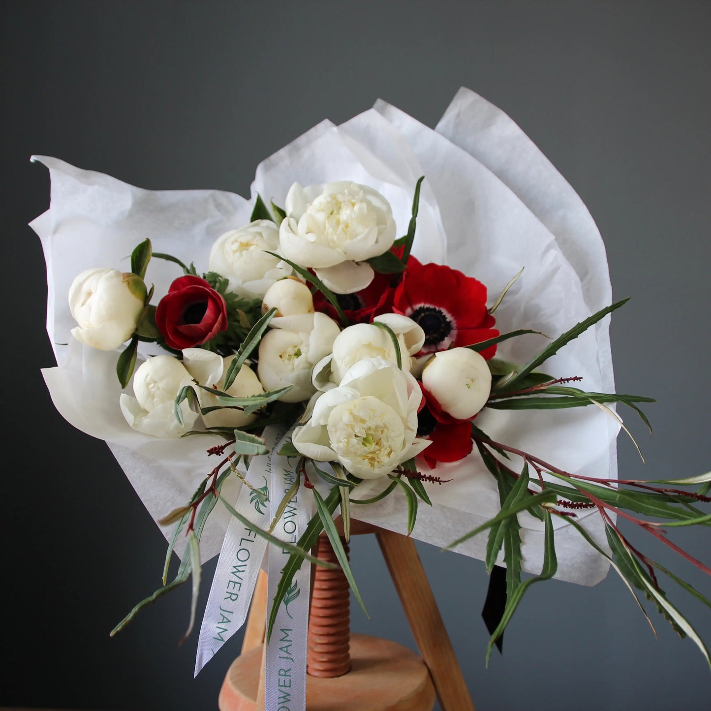 bouquet of White Peonies and Red Anemones