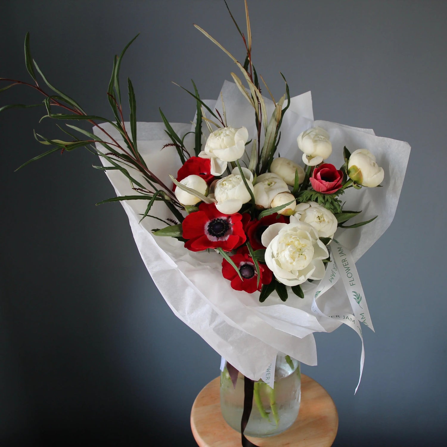 bouquet of White Peonies and Red Anemones