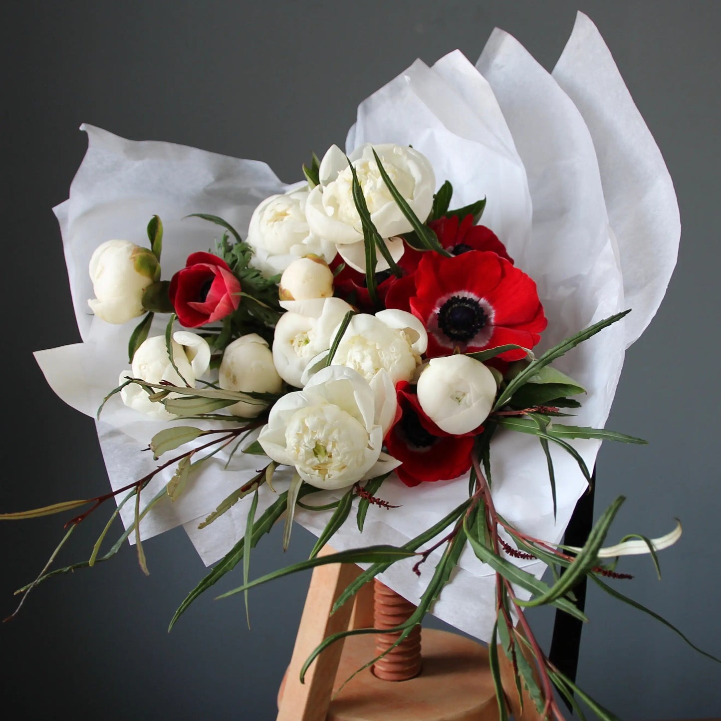 bouquet of White Peonies and Red Anemones 