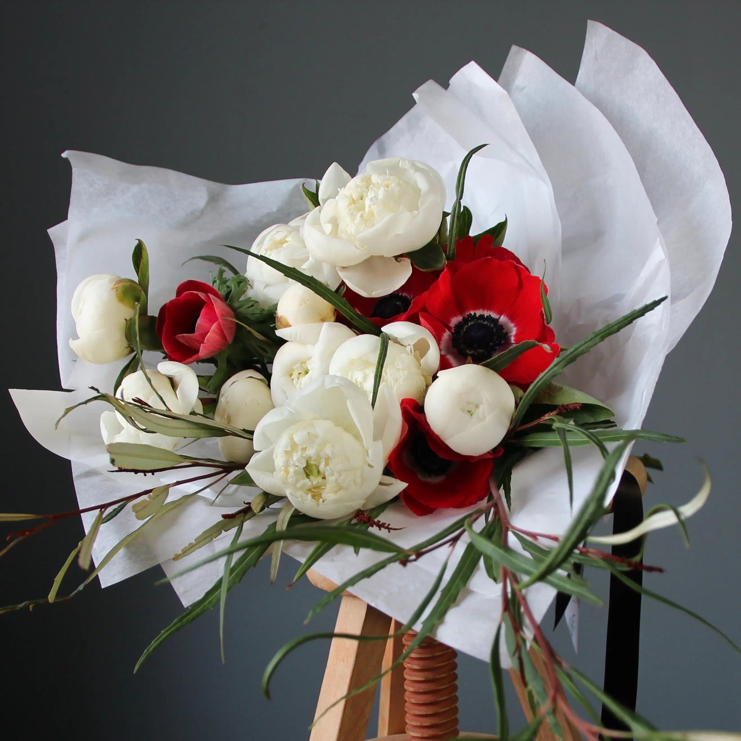 bouquet of White Peonies and Red Anemones