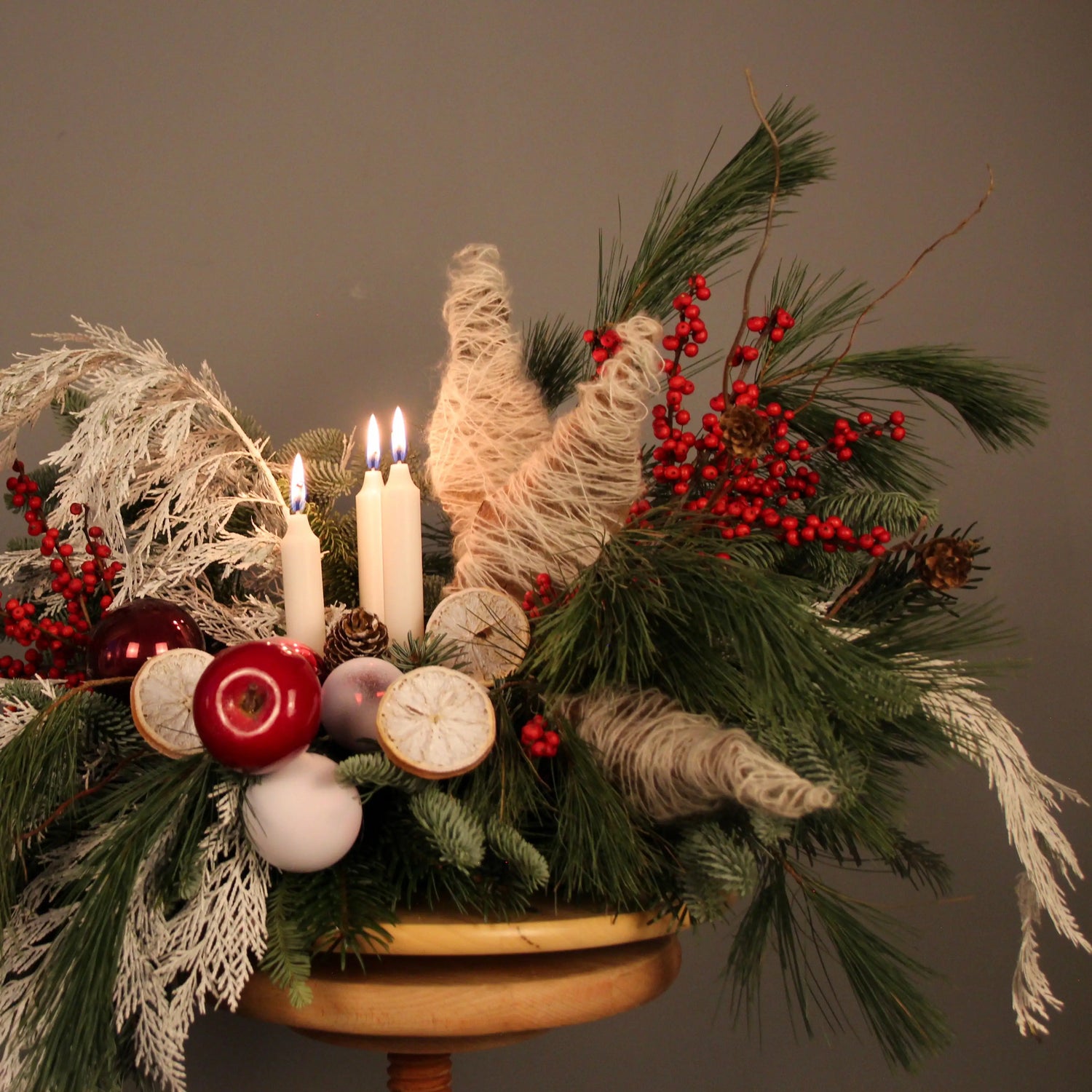 red berries branches of blue spruce Christmas Composition