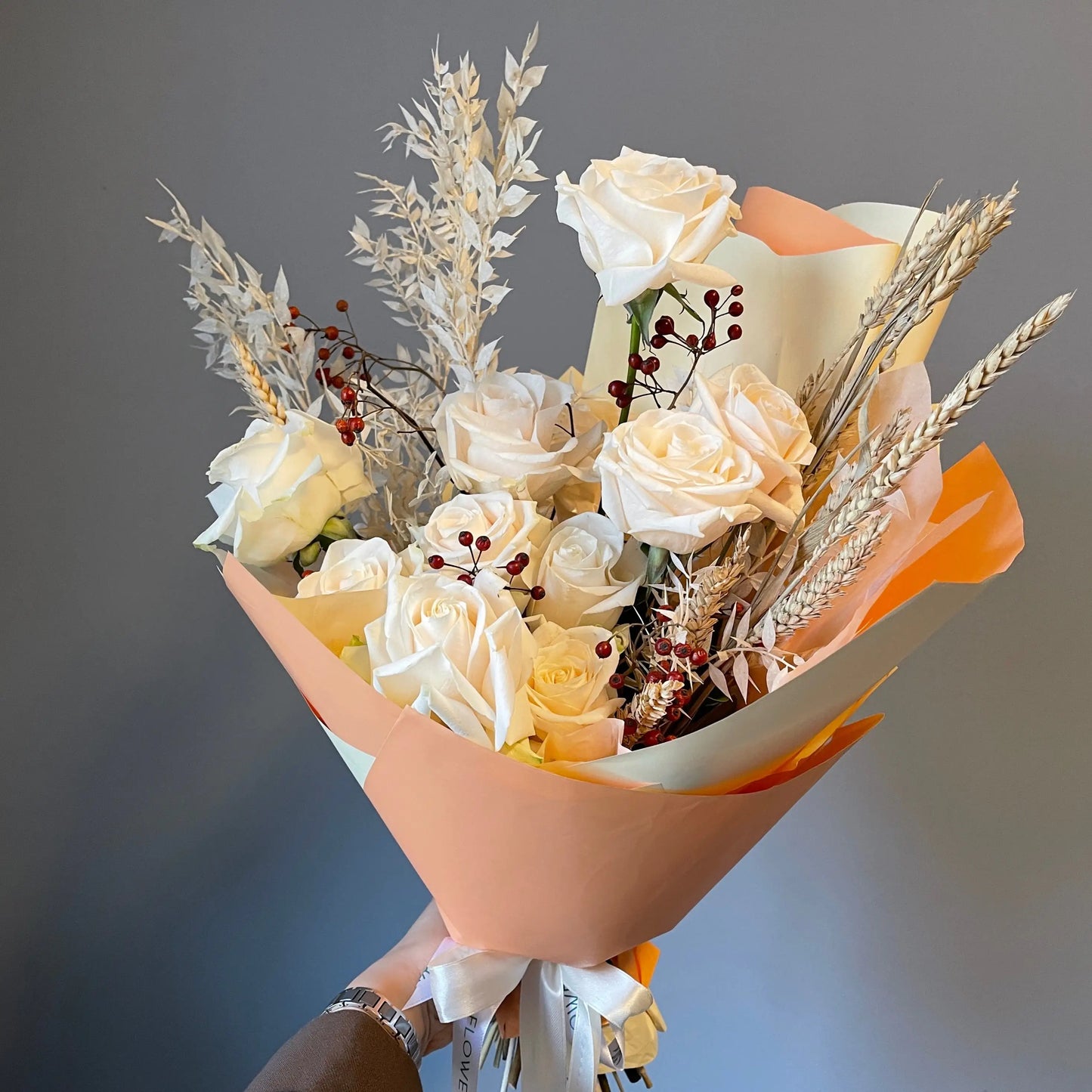 Bouquet of Flowers, white roses, wheat 