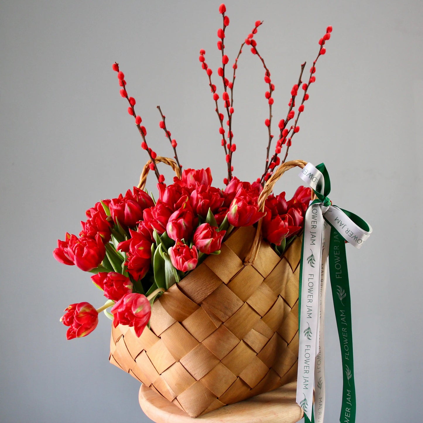 basket of red tulips