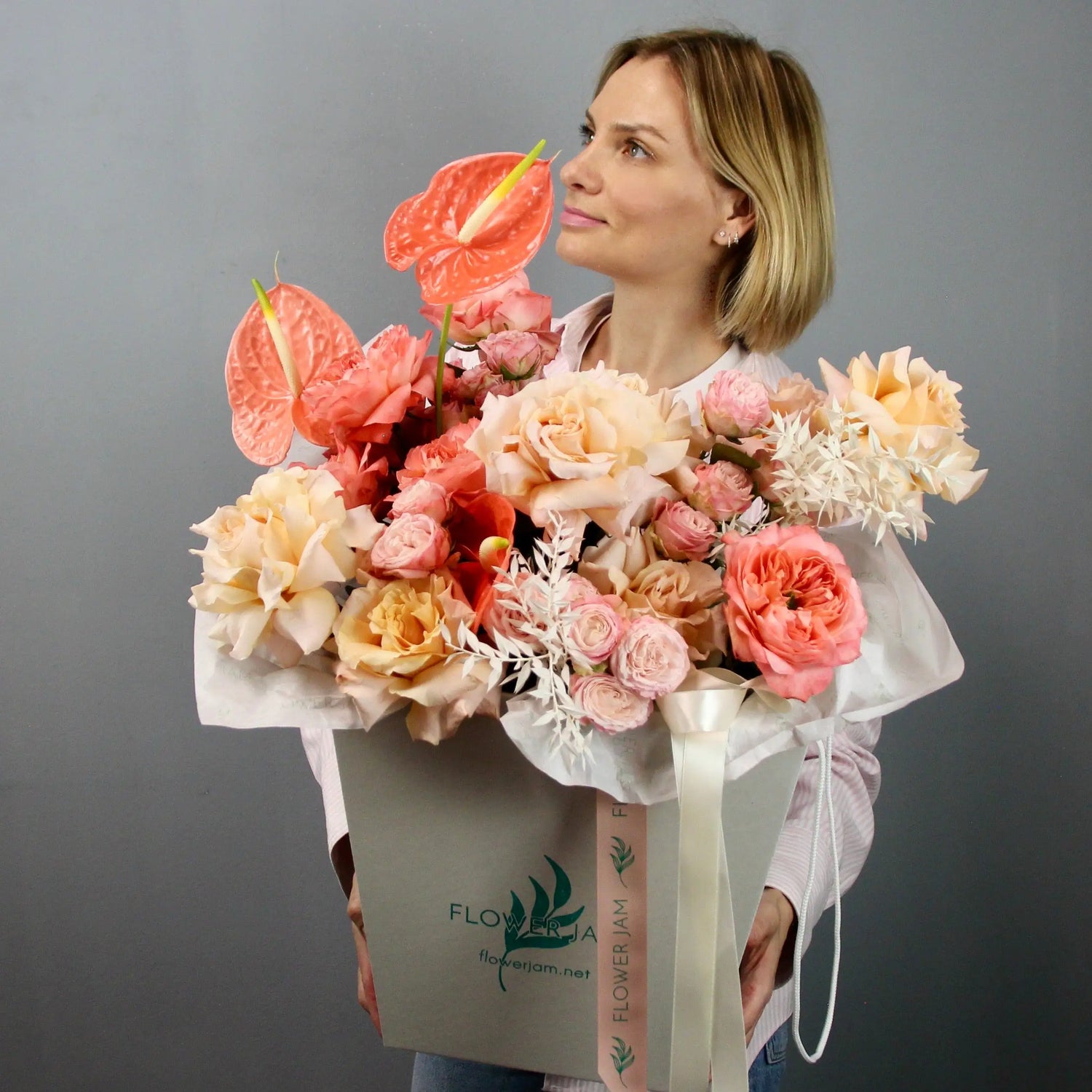 flowers in box different types of roses and antharius mix Bouquet of Flowers