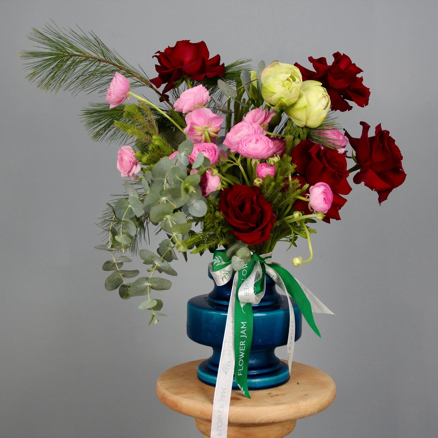 bouquet of roses, ranunculus and eucalipt