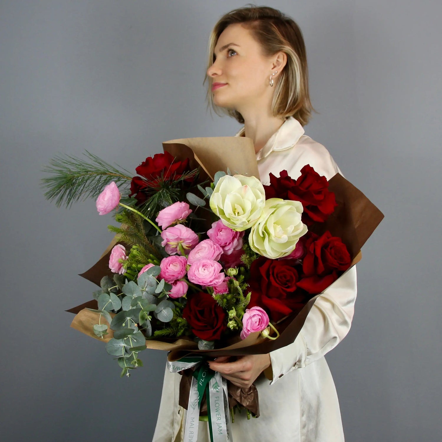 bouquet of roses, ranunculus and eucalipt