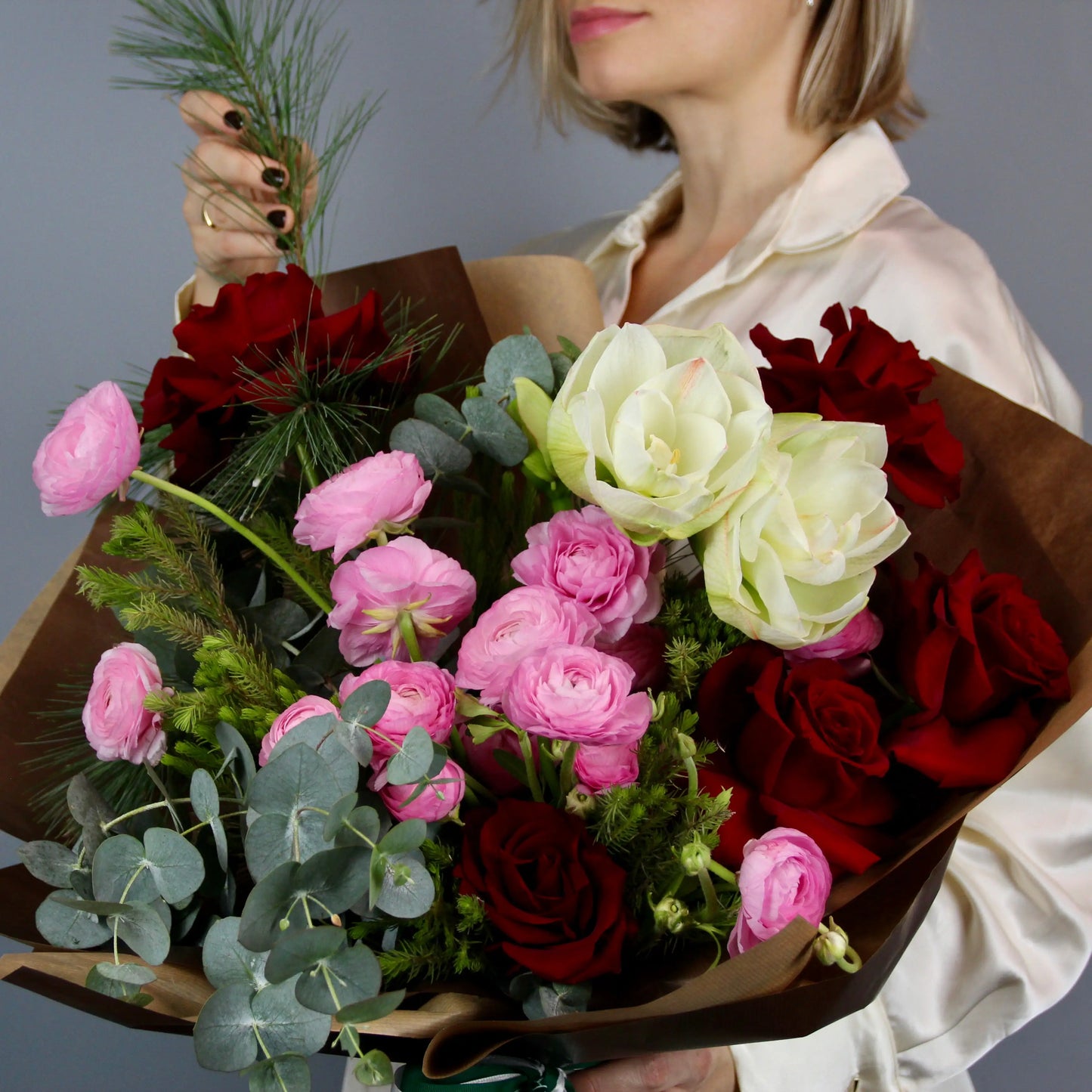 bouquet of roses, ranunculus and eucalipt