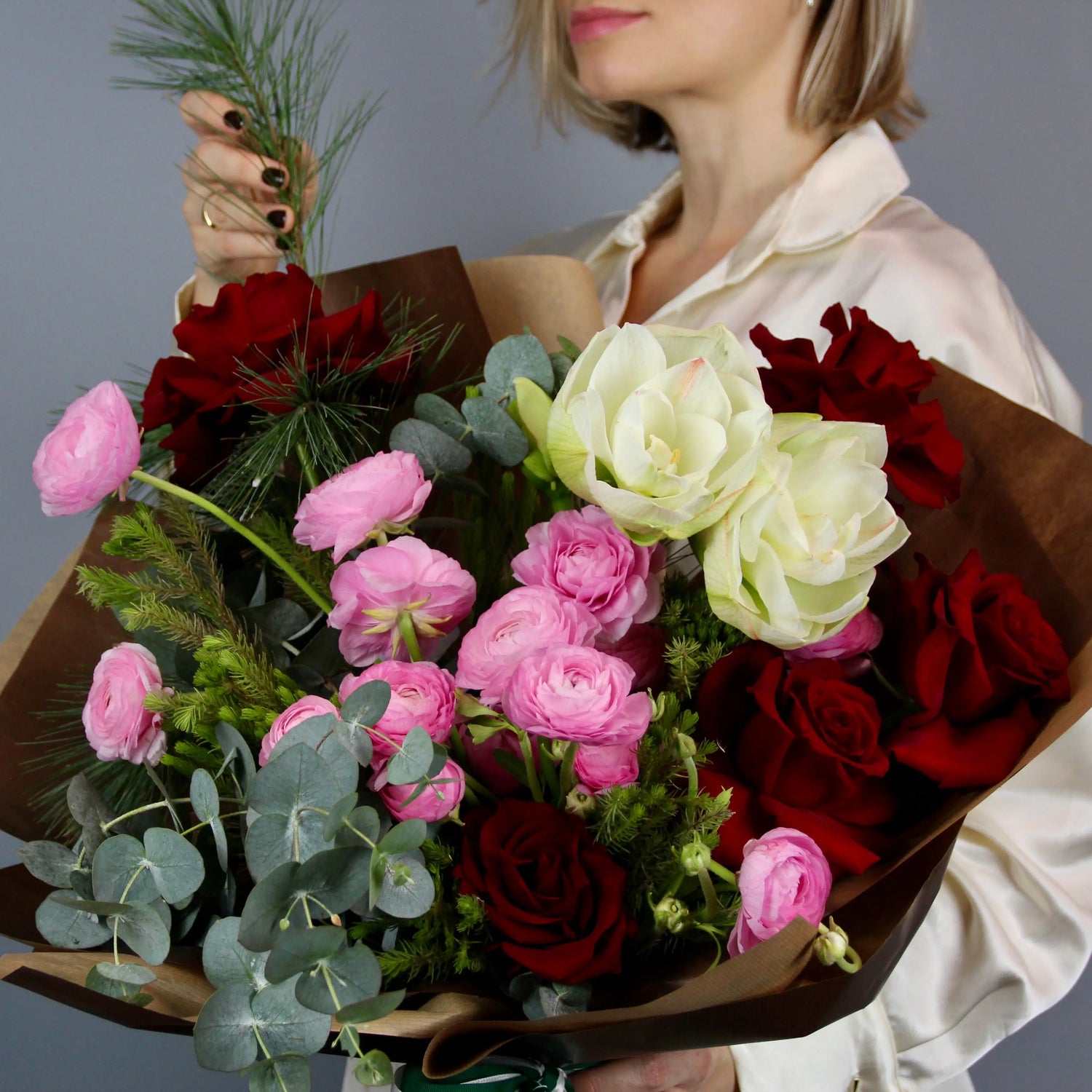 bouquet of roses, ranunculus and eucalipt