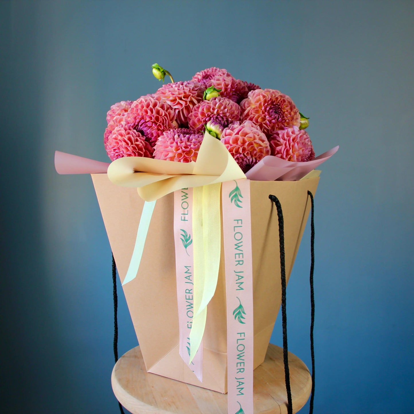 big bouquet of pink dahlias in genova