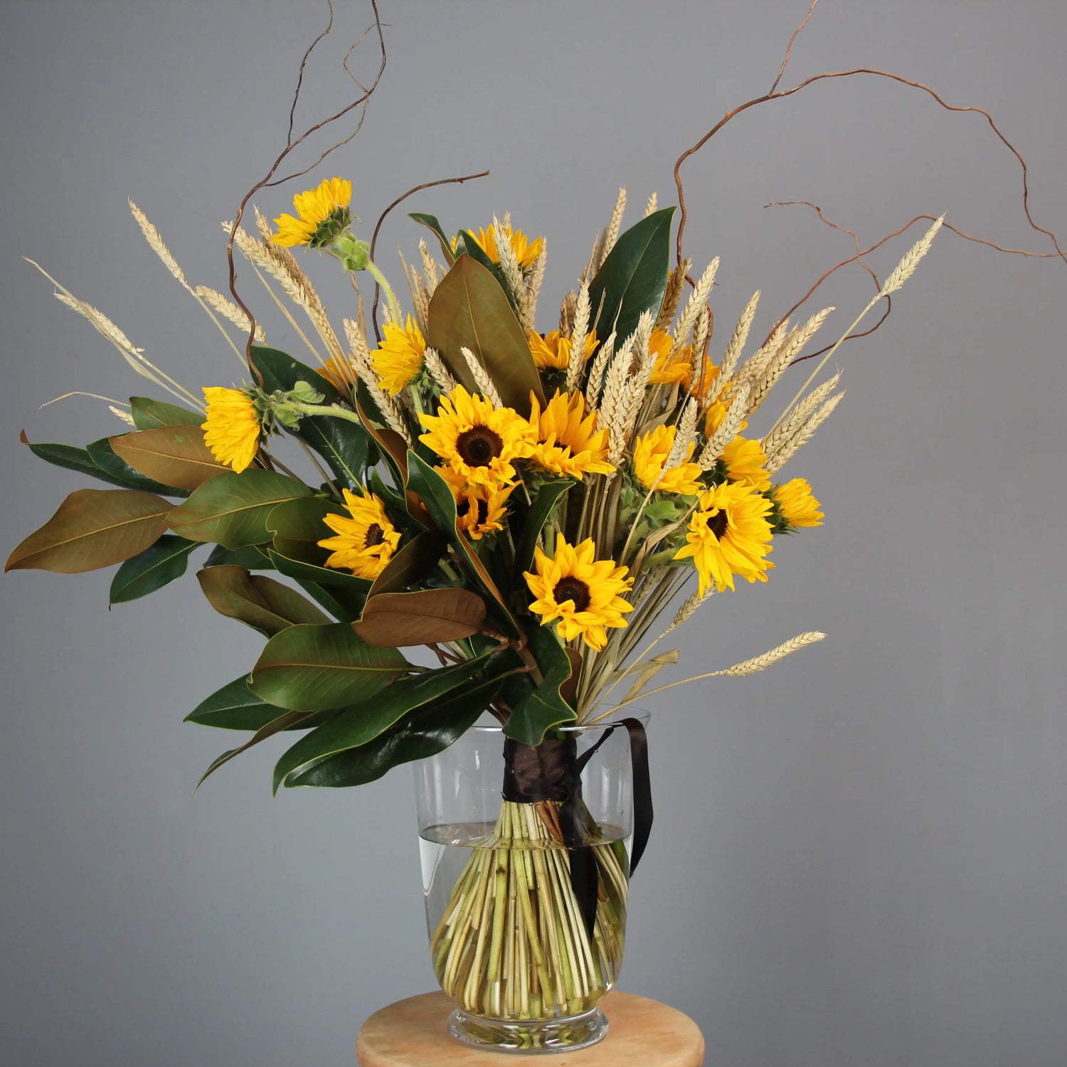 bouquet of sunflowers, wheat and greenery