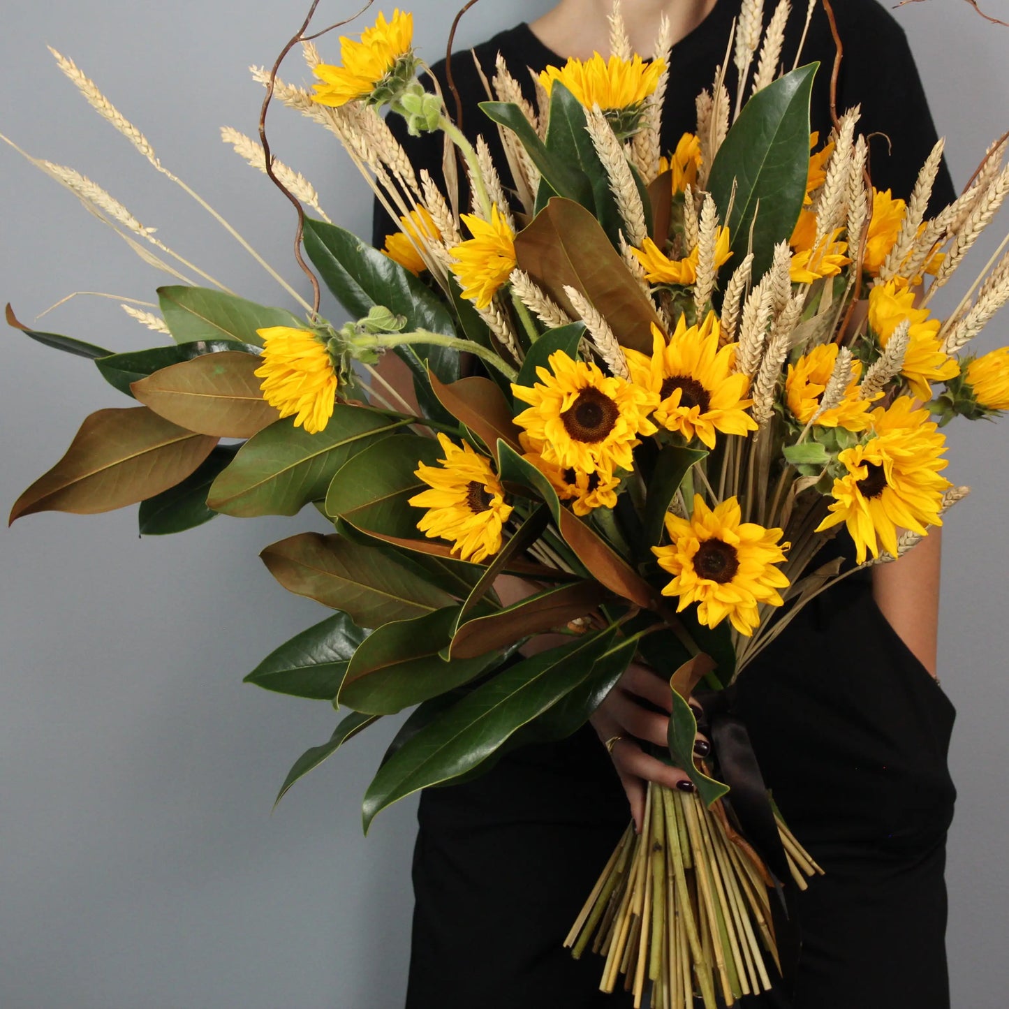 bouquet of sunflowers, wheat and greenery