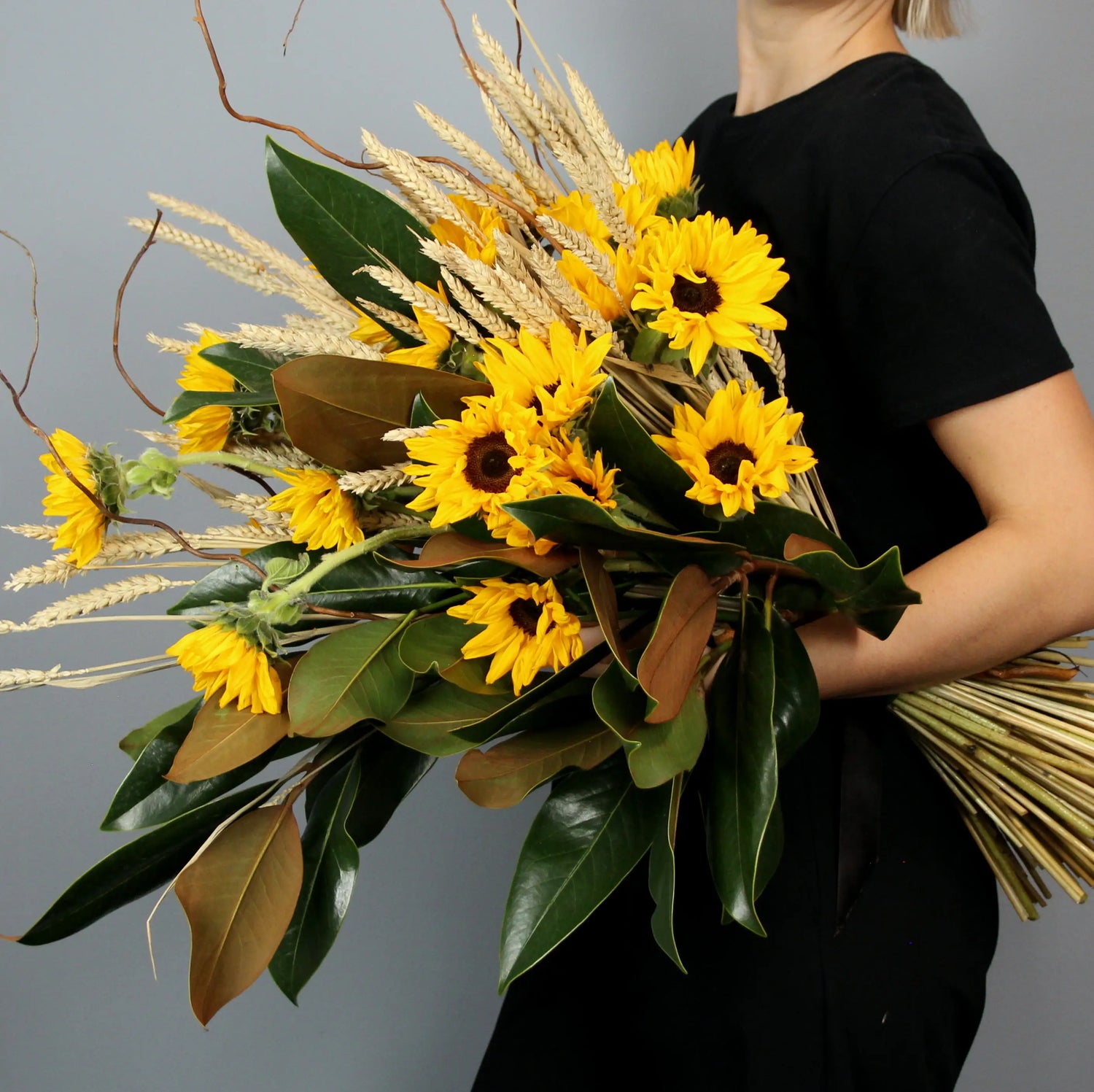 bouquet of sunflowers, wheat and greenery