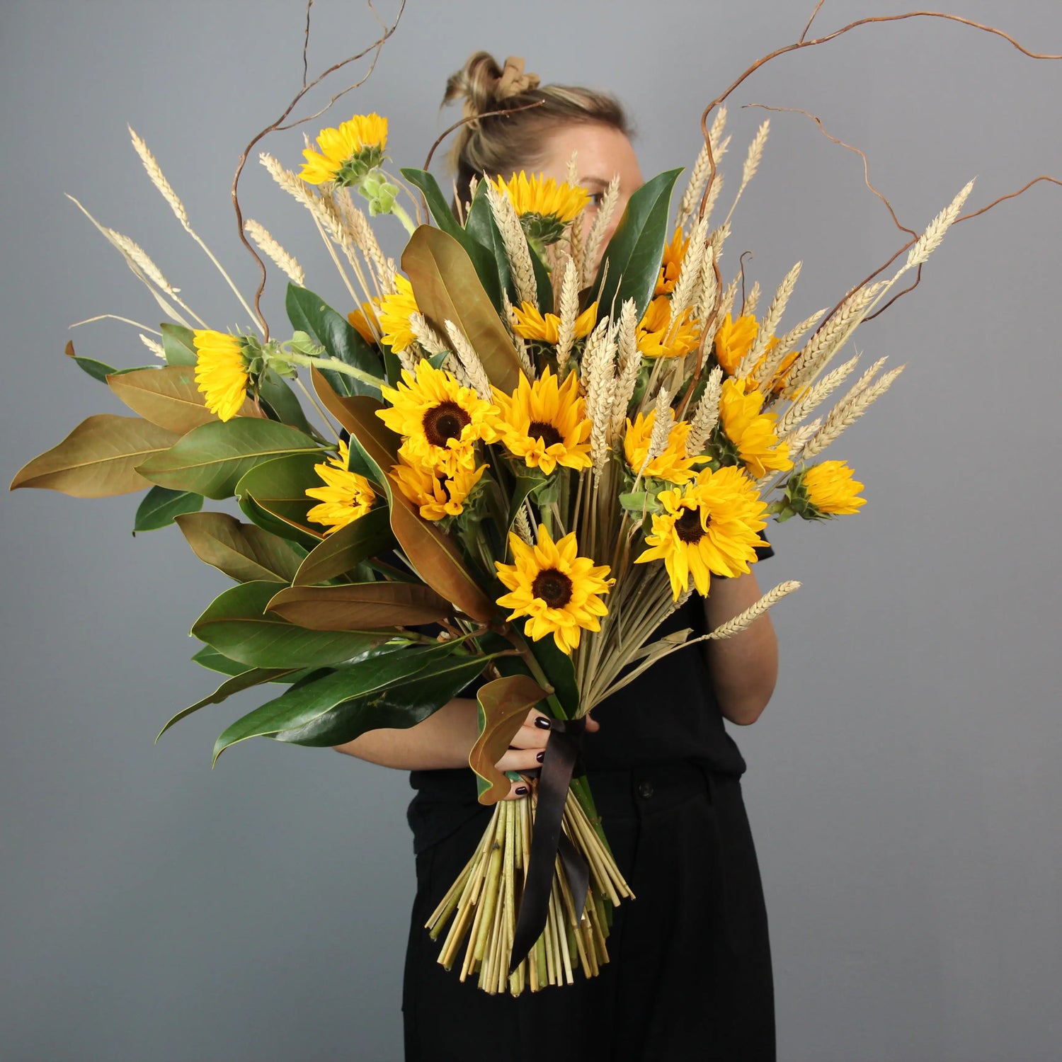 bouquet of sunflowers, wheat and greenery