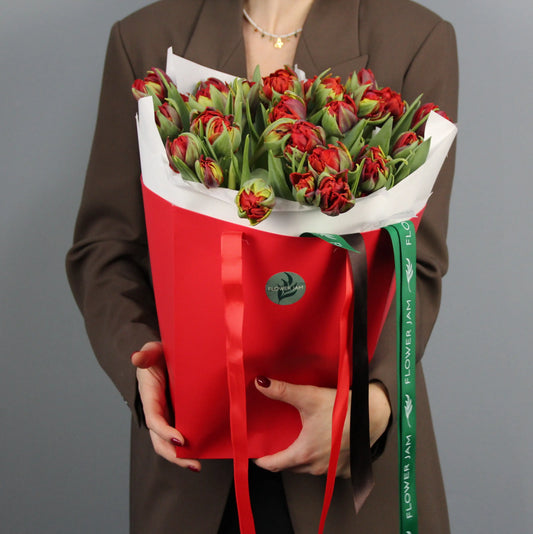 red tulips on a box