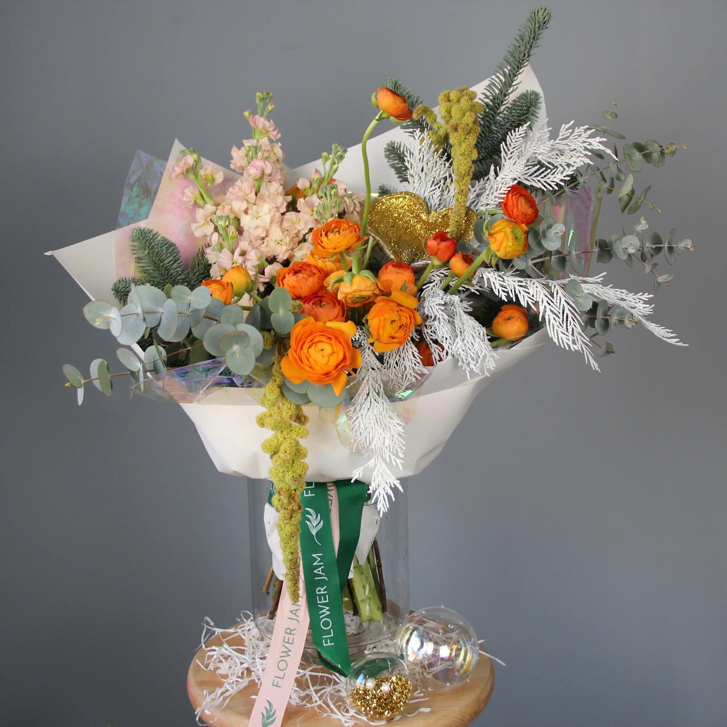 Bouquet of Flowers with eucalipt, ranunculus, spruce and gladioluus