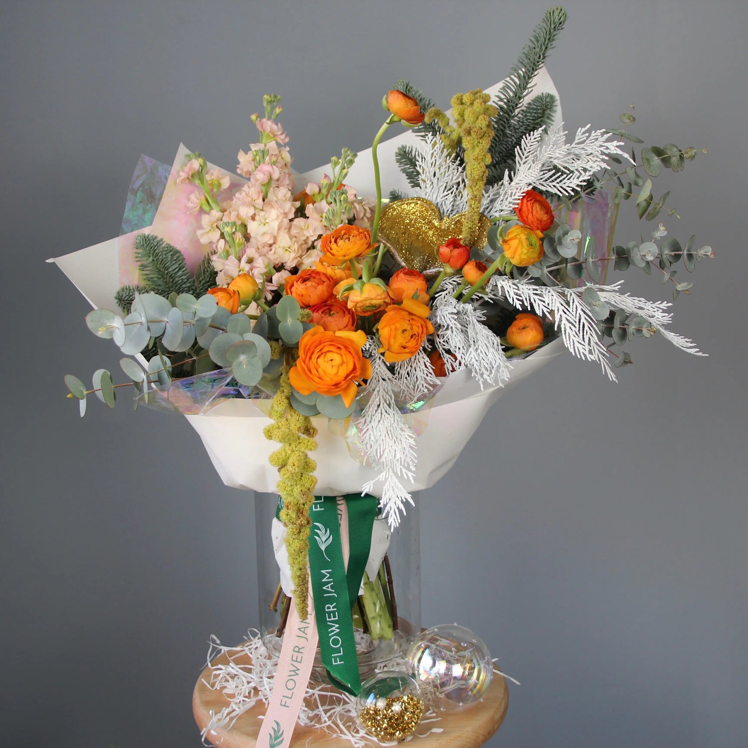 Bouquet of Flowers with eucalipt, ranunculus, spruce and gladioluus