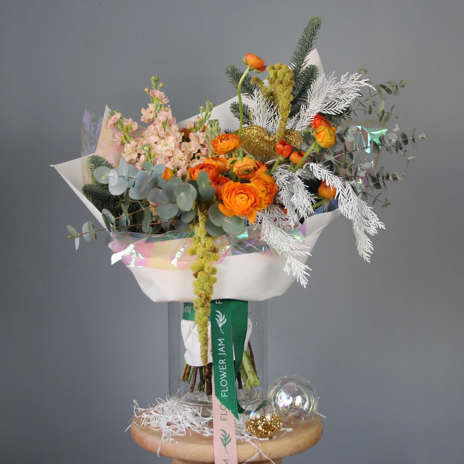 Bouquet of Flowers with eucalipt, ranunculus, spruce and gladioluus