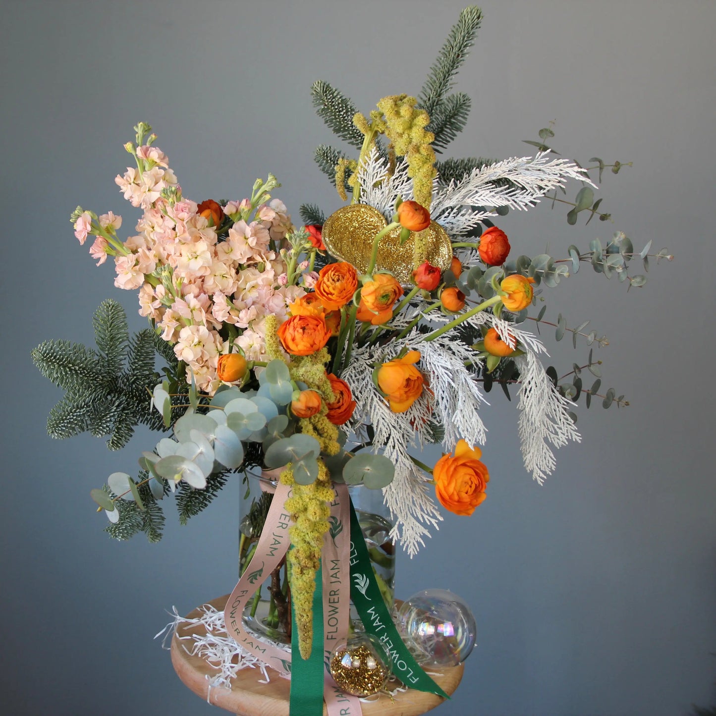 Bouquet of Flowers with eucalipt, ranunculus, spruce and gladioluus
