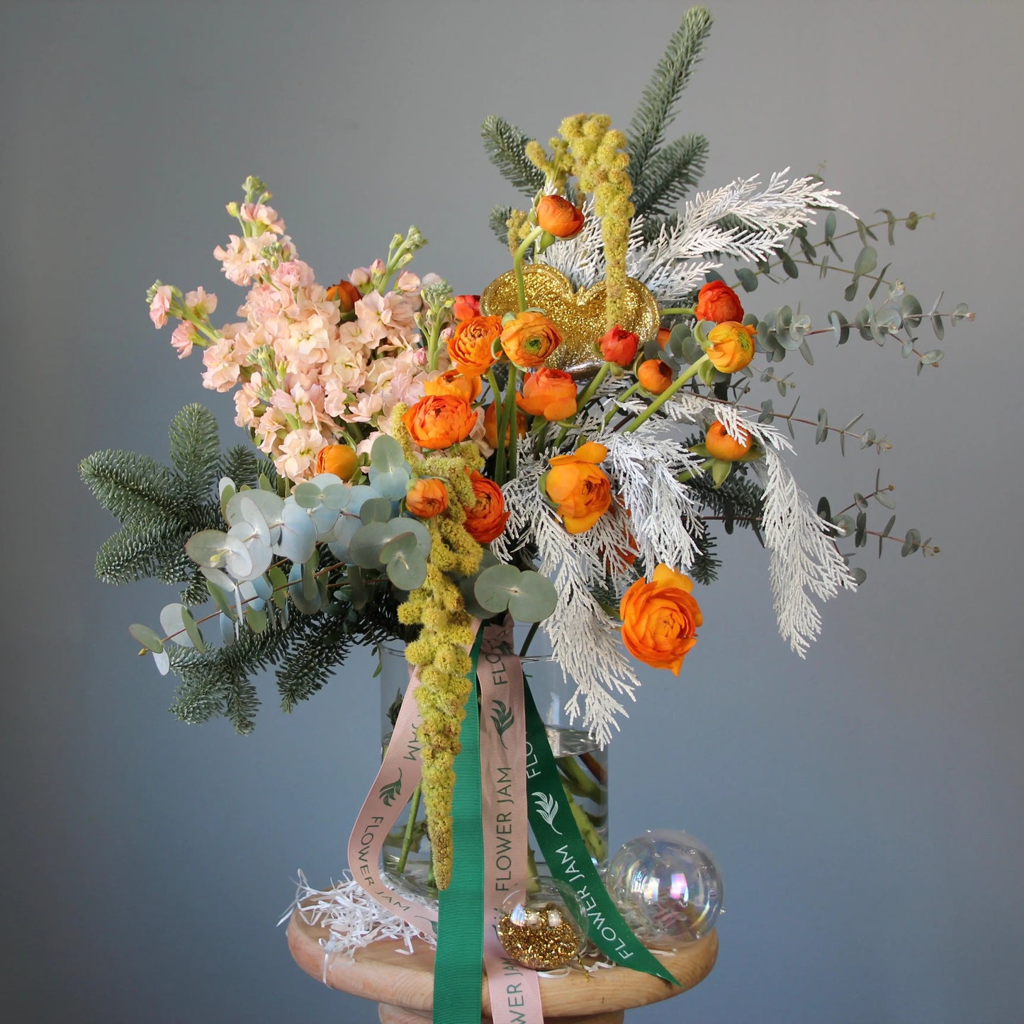 Bouquet of Flowers with eucalipt, ranunculus, spruce and gladioluus